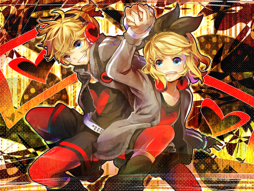 blonde_hair bow brother_and_sister fingerless_gloves gloves grin hair_bow hand_holding headphones headphones_around_neck heart heart-shaped_pupils holding_hands kagamine_len kagamine_rin lulu_season open_mouth pantyhose short_hair shorts siblings smile studded_belt symbol-shaped_pupils twins unhappy_refrain_(vocaloid) vocaloid