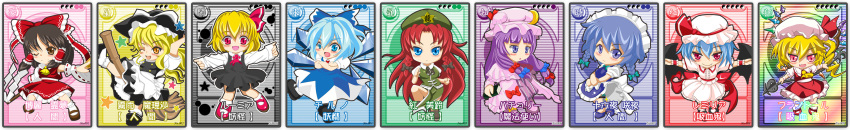 absurdres access999 ascot bat_wings blonde_hair blue_eyes blue_hair blush bow braid brown_eyes brown_hair card card_(medium) cards cirno crescent crossed_arms detached_sleeves dress everyone fang flandre_scarlet gohei hair_bow hair_ribbon hair_tubes hakurei_reimu hat highres hong_meiling ice izayoi_sakuya japanese_clothes kirisame_marisa knife long_hair maid maid_headdress mary_janes md5_mismatch miko multiple_girls open_mouth outstretched_arms patchouli_knowledge purple_eyes purple_hair red_eyes red_hair redhead remilia_scarlet ribbon rumia shoes short_hair silver_hair smile spread_arms star the_embodiment_of_scarlet_devil throwing_knife touhou translation_request twin_braids violet_eyes weapon wings witch witch_hat yellow_eyes yin_yang youkai