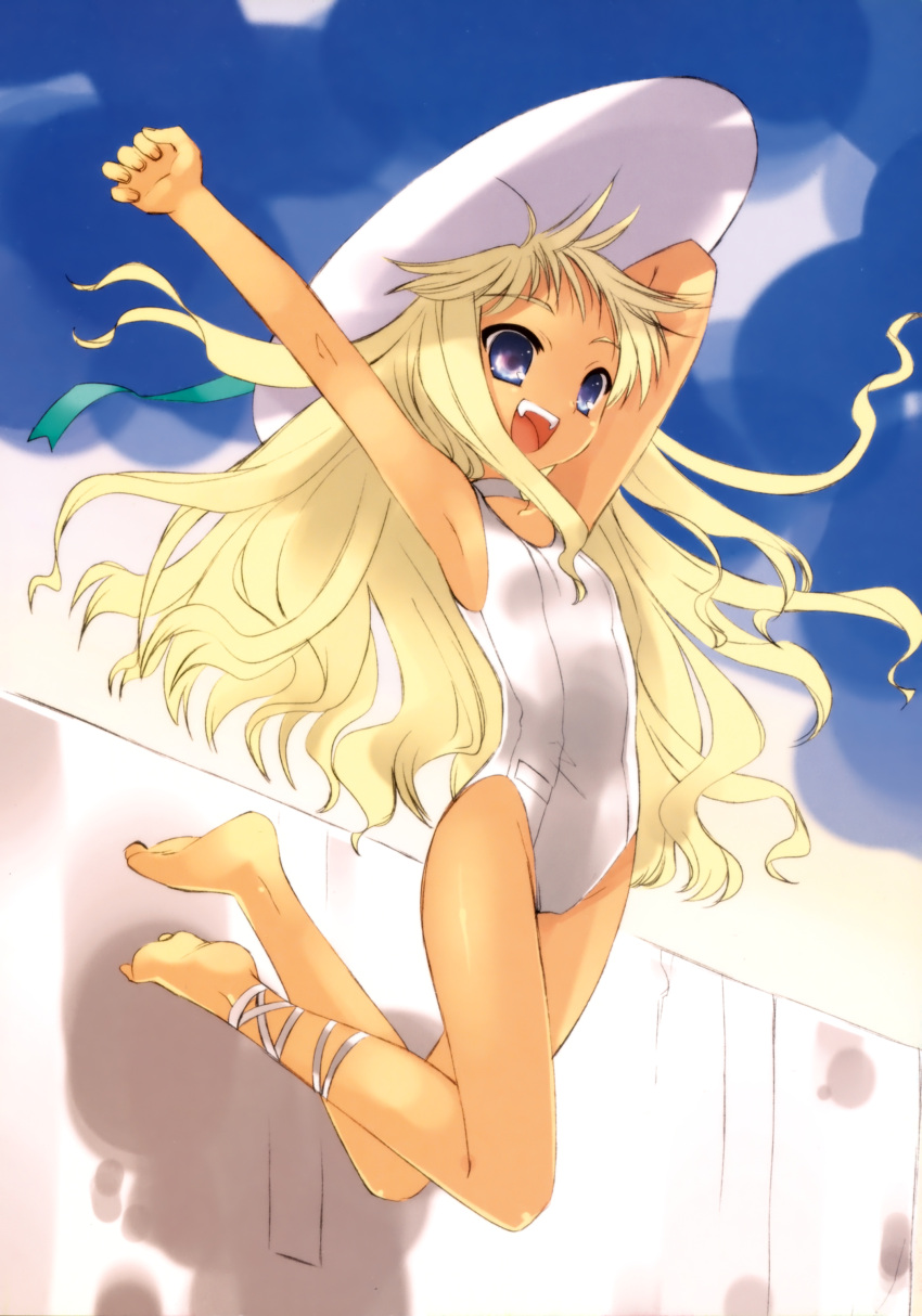 :d absurdres ankle_lace-up armpits arms_up barefoot blonde_hair blue_eyes choker cross-laced_footwear dengeki fangs feet flat_chest hat highres itou_noiji jumping leg_ribbon long_hair one-piece_swimsuit open_mouth ribbon school_swimsuit smile solo sun_hat swimsuit teeth white_school_swimsuit white_swimsuit