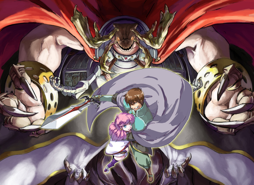armor blue_eyes boots brown_eyes brown_hair cape claws cuffs extra_arms fingernails from_above glowing glowing_eyes grin holding horns kayblis kichikuou_rance monster multiple_arms perspective pink_hair purple_legwear rance rance_(series) scared sharp_fingernails sharp_nails sharp_teeth sill_plain smile sword tamago_(pixiv17968) thigh-highs thighhighs weapon