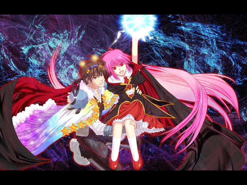 alice_soft alicesoft cape carrying dress duo electricity energy_ball female fractal glowing highres kurusu_miki laughing letterboxed long_hair magic male multicolored multicolored_clothes multicolored_clothing necktie nima_(justy) ogawa_kentarou open_mouth pink_hair princess_carry rainbow_gradient rance_(series) red_eyes red_shoes semi-transparent sengoku_rance shoes short_hair slit_pupils sneakers socks stae star very_long_hair wallpaper white_socks