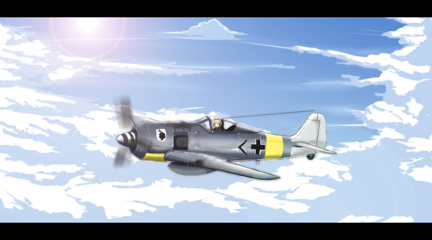 animal_ears cloud fw_190 headphones highres hu_sea letterboxed luftwaffe military sky strike_witches world_war_ii wwii