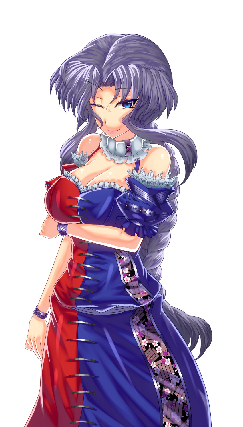absurdres adapted_costume bare_shoulders blue_eyes braid breast_hold breasts cleavage embellished_costume grey_hair highres large_breasts long_hair no_hat no_headwear simple_background single_braid smile solo touhou very_long_hair wakura_(gcdan) wink yagokoro_eirin