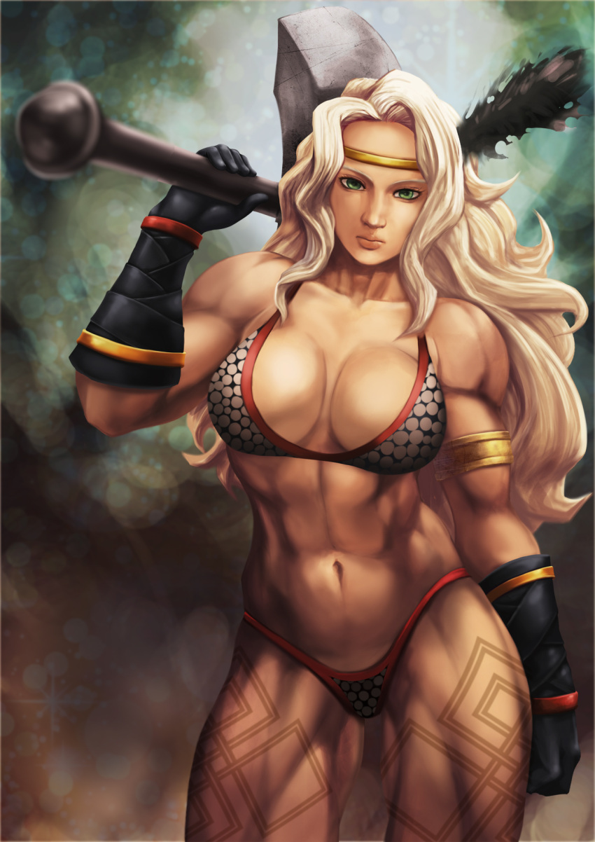 amazon_(dragon's_crown) amazon_(dragon's_crown) armlet armor artarchanime axe bikini_armor blonde_hair breasts circlet dragon's_crown dragon's_crown feathers gloves green_eyes highres lips long_hair muscle realistic solo tattoo weapon