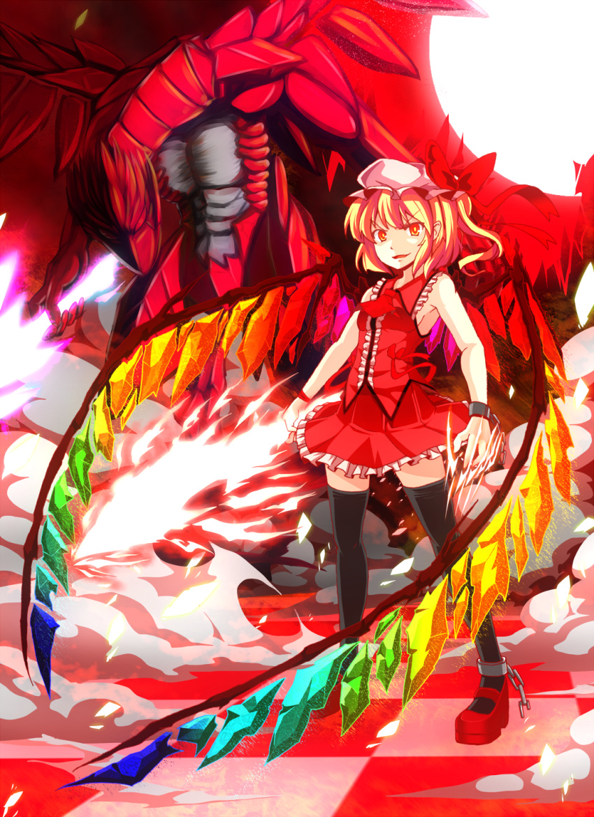 alternate_costume alternate_wings black_legwear blonde blonde_hair byoubyou checkered checkered_floor dragon dress flandre_scarlet hat highres mary_janes red_eyes shackle shoes short_hair side_ponytail sleeveless solo thigh-highs thighhighs touhou wings