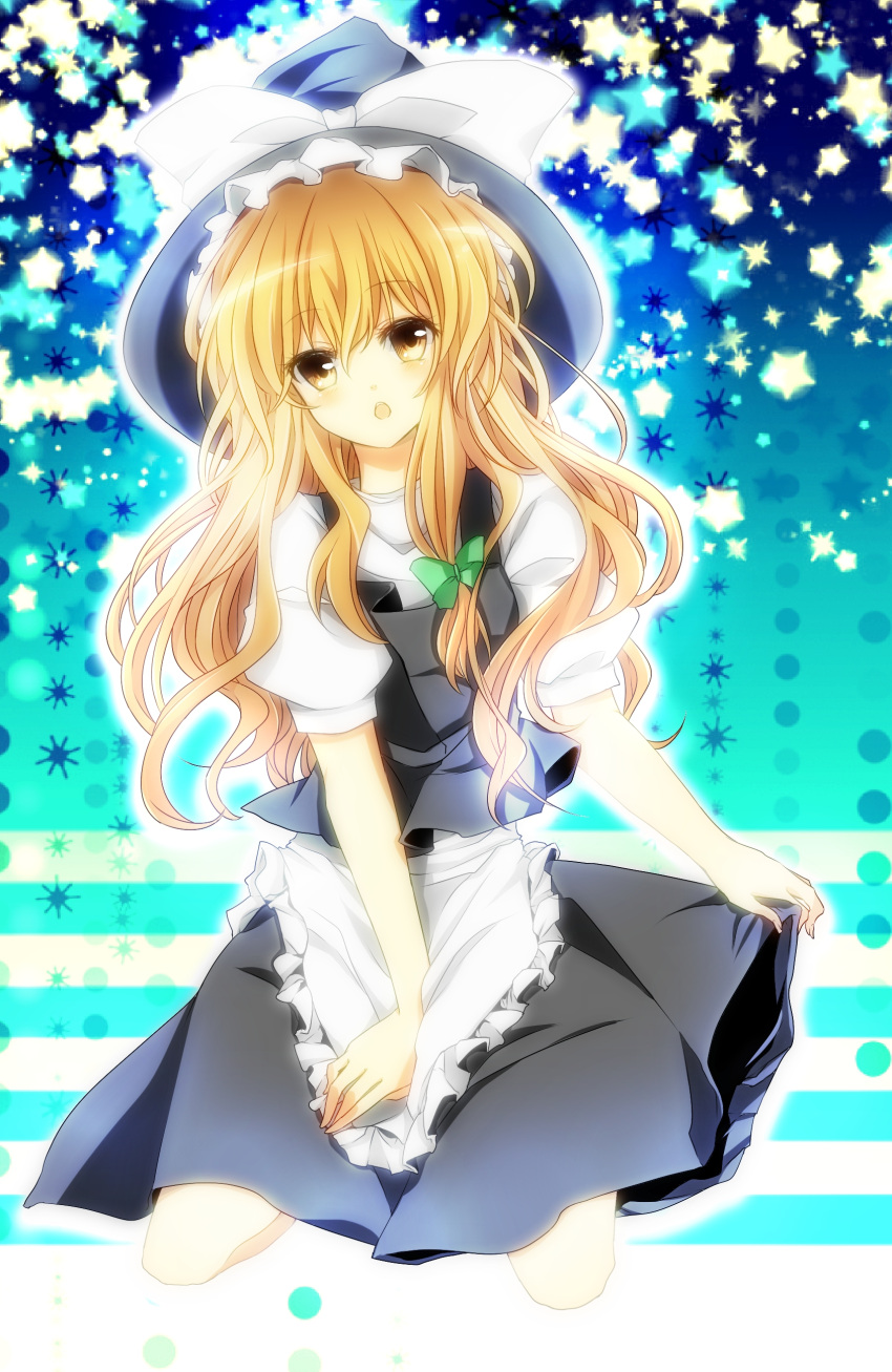 :o absurdres apron bad_id black_dress blonde_hair bloom bow braid dress hair_bow hat highres kirisame_marisa kneeling long_hair looking_at_viewer open_mouth pixelated rio_666 sitting solo touhou waist_apron wariza wavy_hair witch witch_hat yellow_eyes