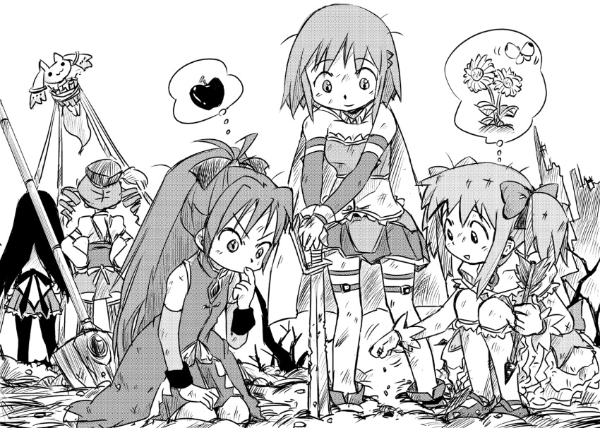 akemi_homura apple arrow butterfly detached_sleeves dirty drill_hair dynamite explosive flower food from_behind fruit gardening gloves hand_on_own_face hands_on_hips hat kaname_madoka kneehighs kneeling kyubey long_hair magical_girl mahou_shoujo_madoka_magica miki_sayaka monochrome ohyo planted_sword planted_weapon planting pleated_skirt polearm ponytail ruins sakura_kyouko seed short_hair skirt spear spoken_animal spoken_flower spoken_food squatting sword thighhighs thought_bubble tied_up tomoe_mami twin_drills twintails weapon