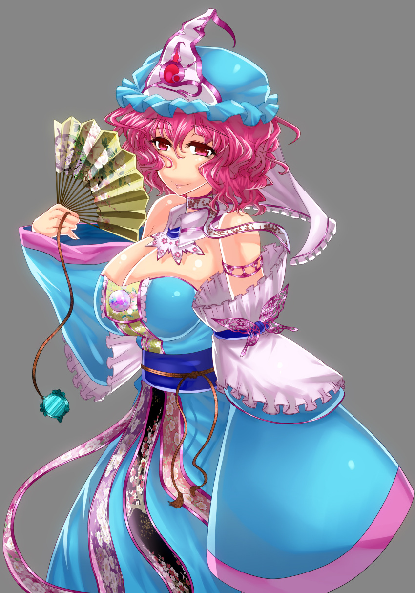 absurdres adapted_costume bare_shoulders breasts cleavage detached_sleeves embellished_costume fan folding_fan hat highres huge_breasts japanese_clothes pink_eyes pink_hair saigyouji_yuyuko short_hair simple_background sleeves_past_wrists smile solo touhou wakura_(gcdan)