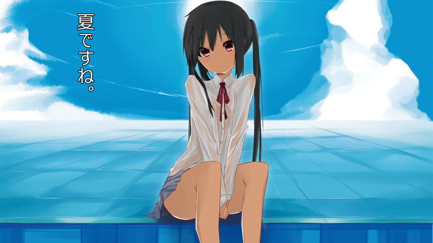 between_thighs black_hair cloud highres hot k-on! kokomu kokumu long_hair nakano_azusa pink_eyes ribbon school_uniform see-through sitting sky smile solo sweat sweat_stain sweating thighs twintails v_arms wallpaper wet wet_clothes