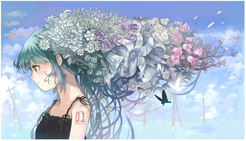aqua_hair butterfly cloud flower hair_flower hair_ornament hatsune_miku imoman profile sky solo vocaloid