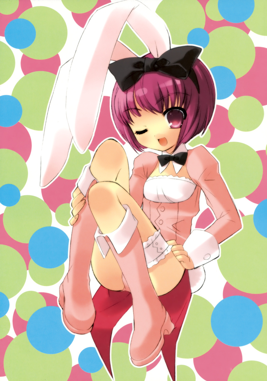 absurdres animal_ears boots bow bunny_ears bunnysuit copyright_request fake_animal_ears hair_bow highres itou_noiji long_sleeves open_mouth red_eyes short_hair smile solo wink