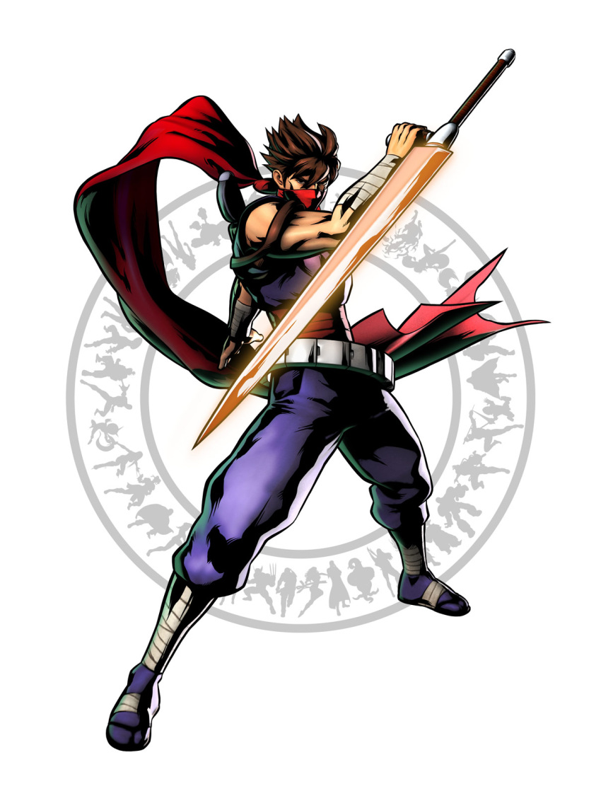 capcom energy_sword highres male marvel_vs._capcom marvel_vs._capcom_3 marvel_vs_capcom marvel_vs_capcom_3 mori_toshiaki ninja official_art plasma_sword red_scarf scarf science_fiction shinkiro short_hair strider_(video_game) strider_hiryu strider_hiryuu sword tonfa weapon