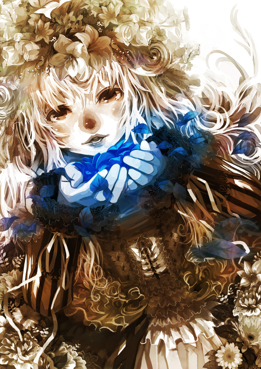 curly_hair face flower frills gathers glowing hair_flower hair_ornament highres leaf lips long_hair looking_at_viewer narumi_arata open_hands open_mouth original ruffles solo