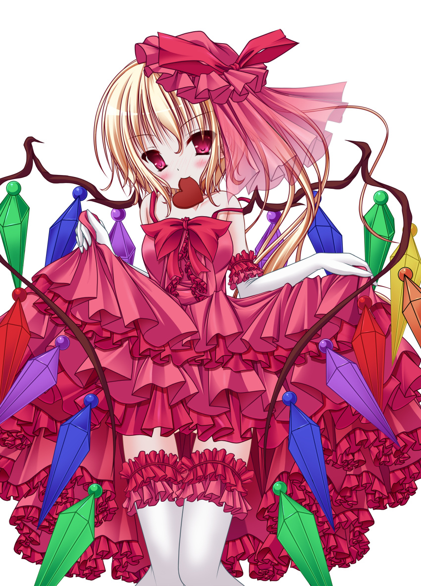 absurdres akawata alternate_costume arm_garter blonde_hair blush chocolate chocolate_heart dress dress_lift elbow_gloves flandre_scarlet frilled_dress frills garters gloves hat hat_ribbon heart highres mouth_hold no_pants red_eyes ribbon see-through side_ponytail solo strap_slip the_embodiment_of_scarlet_devil thigh-highs thighhighs touhou white_gloves white_legwear wings zettai_ryouiki