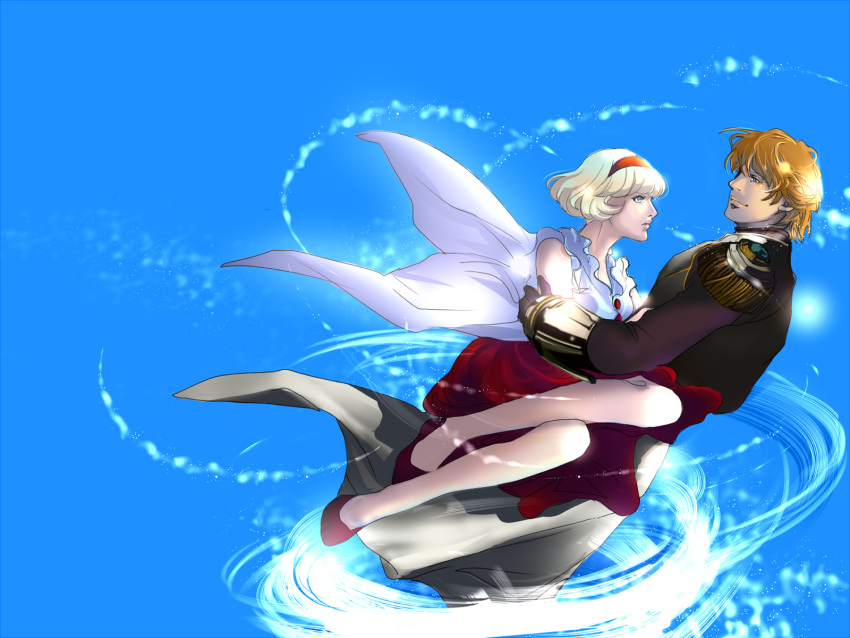 barocco blonde_hair blue_eyes bob_cut carrying cis_(tiger_&amp;_bunny) dress epaulettes flying hairband highres keith_goodman male power_suit short_hair sky sky_high superhero tiger_&amp;_bunny white_hair