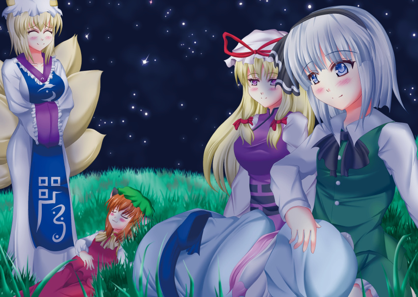 :3 ^_^ animal_ears blonde_hair blue_eyes blush brown_hair cat_ears chen closed_eyes eyes_closed fox_tail grass hair_ribbon hands_in_sleeves hat hat_ribbon hat_with_ears highres konpaku_youmu lap_pillow lilybell multiple_girls multiple_tails night night_sky pink_hair purple_hair ribbon saigyouji_yuyuko seiza silver_hair sitting sky sleeping smile tail touhou yakumo_ran yakumo_yukari