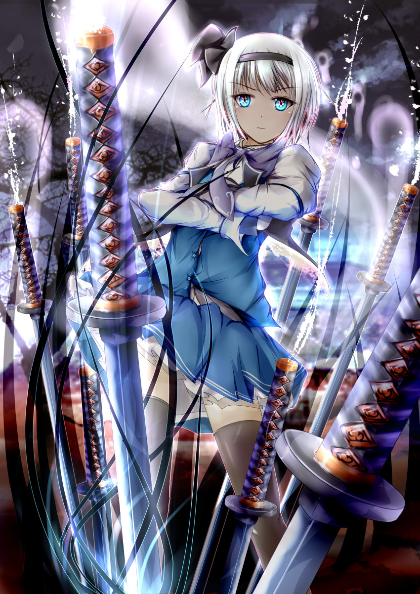 absurdres aura black_legwear blue_eyes bow crossed_arms dress_shirt garyljq glowing hair_bow hairband highres katana konpaku_youmu magic necktie planted_sword planted_weapon shirt silver_hair skirt solo sword symbol-shaped_pupils thighhighs touhou vest weapon white_hair zettai_ryouiki