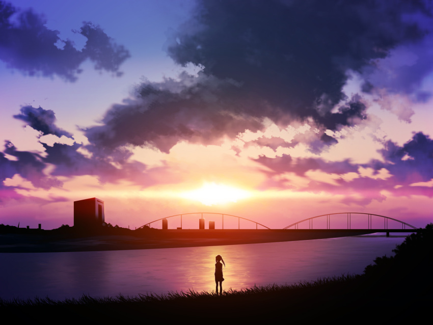 clouds grass scenic skirt sky sunset tomo1030 twintails water