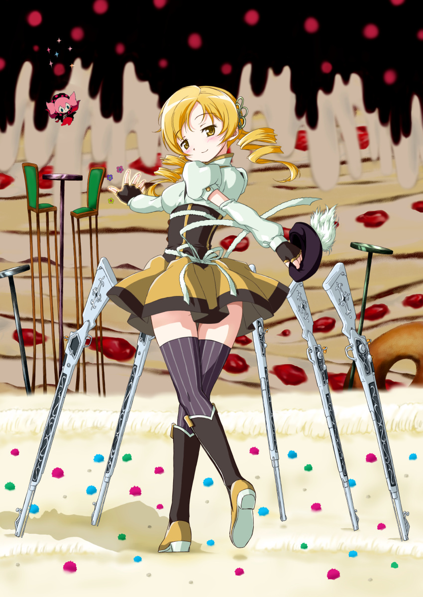 beret blonde_hair blush boots breasts brown_legwear cake charlotte_(madoka_magica) corset detached_sleeves drill_hair field_of_blades fingerless_gloves food gloves gun hair_ornament hairpin hat hat_removed headwear_removed highres large_breasts looking_back macla magical_girl magical_musket mahou_shoujo_madoka_magica pleated_skirt progressive puffy_sleeves ribbon rifle skirt smile sparkle sweets telekinesis thigh-highs thigh_gap thighhighs thighs tomoe_mami twin_drills vertical-striped_legwear vertical_stripes weapon witch's_labyrinth witch's_labyrinth yellow_eyes zettai_ryouiki