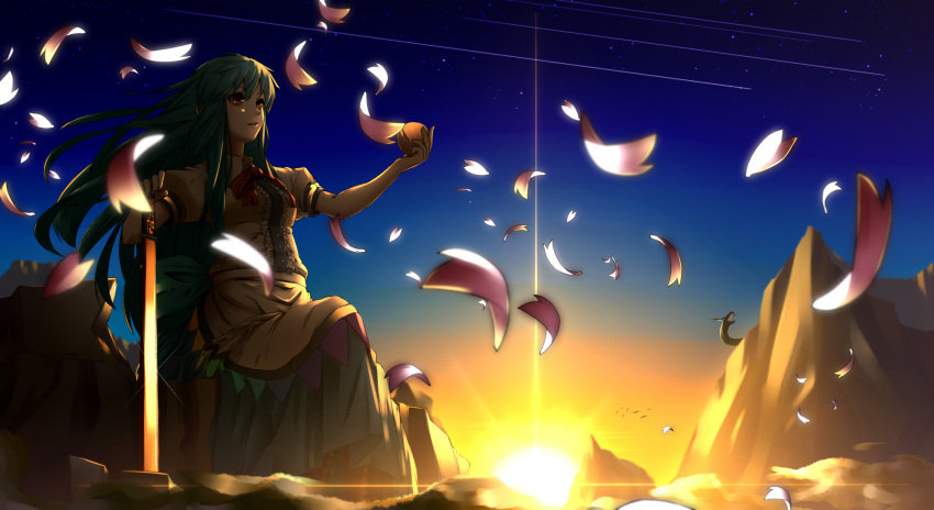 blue_hair hand_on_hilt highres hinanawi_tenshi hullzion long_hair no_hat no_headwear petals red_eyes solo sun sunset sword sword_of_hisou touhou weapon