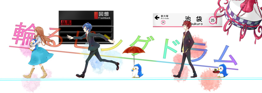 bird blazer blue_hair bow chandelier green_eyes highres holding long_hair mawaru_penguindrum necktie open_mouth orange_hair pants penguin penguin_1-gou penguin_2-gou penguin_3-gou red_hair redhead running school_uniform siblings sign skirt smile sweatdrop takakura_himari takakura_kanba takakura_shouma tea title_drop umbrella