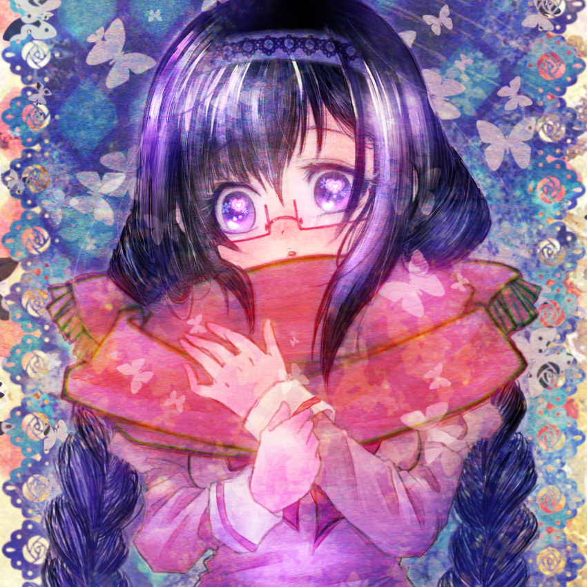 akemi_homura alternate_hairstyle bahun_uni black_hair black_rose black_rose_(flower) braid bust butterfly flower glasses highres long_hair mahou_shoujo_madoka_magica multicolored_rose purple_eyes red-framed_glasses red_rose revised revision rose scarf school_uniform solo spoilers symbol-shaped_pupils twin_braids violet_eyes white_rose