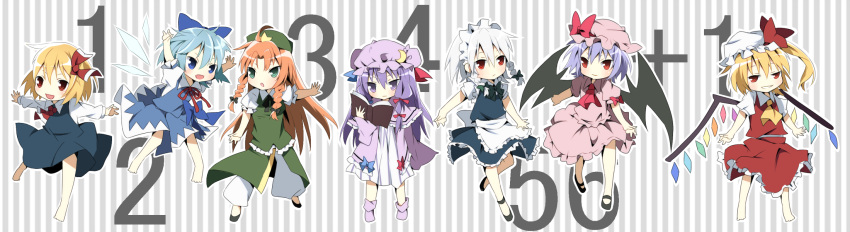 ascot bad_id bare_legs barefoot bat_wings blonde_hair blue_eyes blue_hair blush book bow braid brown_hair cirno crescent dress everyone flandre_scarlet green_eyes grin hair_bow hair_ribbon hat highres hong_meiling izayoi_sakuya kako11 long_hair maid maid_headdress mary_janes multiple_girls no_socks open_mouth orange_hair outstretched_arms patchouli_knowledge purple_eyes purple_hair red_eyes red_hair remilia_scarlet ribbon rumia shoes short_hair side_ponytail silver_hair smile spread_arms star the_embodiment_of_scarlet_devil touhou twin_braids violet_eyes wings youkai
