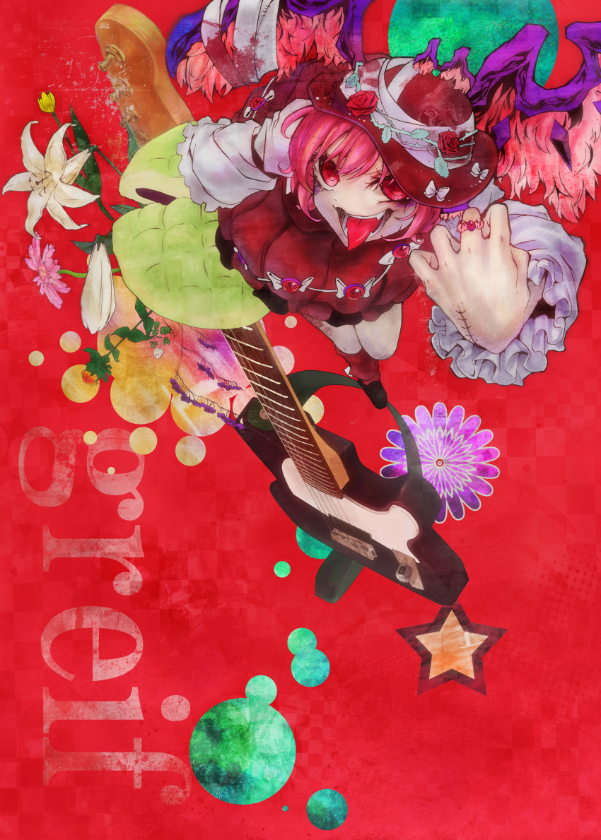 absurdres bandage bandages crazy crazy_eyes flower frilled_sleeves from_above guitar highres injury instrument jakkun jewelry lasvegas lily_(flower) long_sleeves mystia_lorelei open_mouth perspective pink_hair ring rose scar short_hair solo star tongue touhou wings