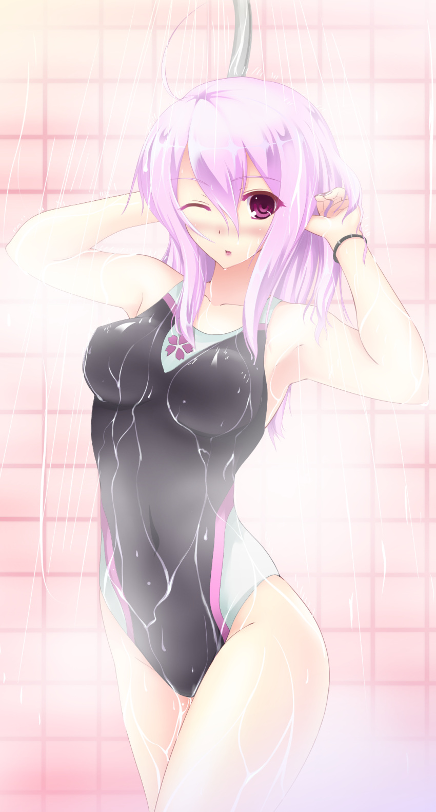 arms_up blush bracelet breasts competition_swimsuit highres jewelry kikyou-0423 lavender_hair one-piece_swimsuit original purple_eyes short_hair shower solo standing swimsuit violet_eyes wink