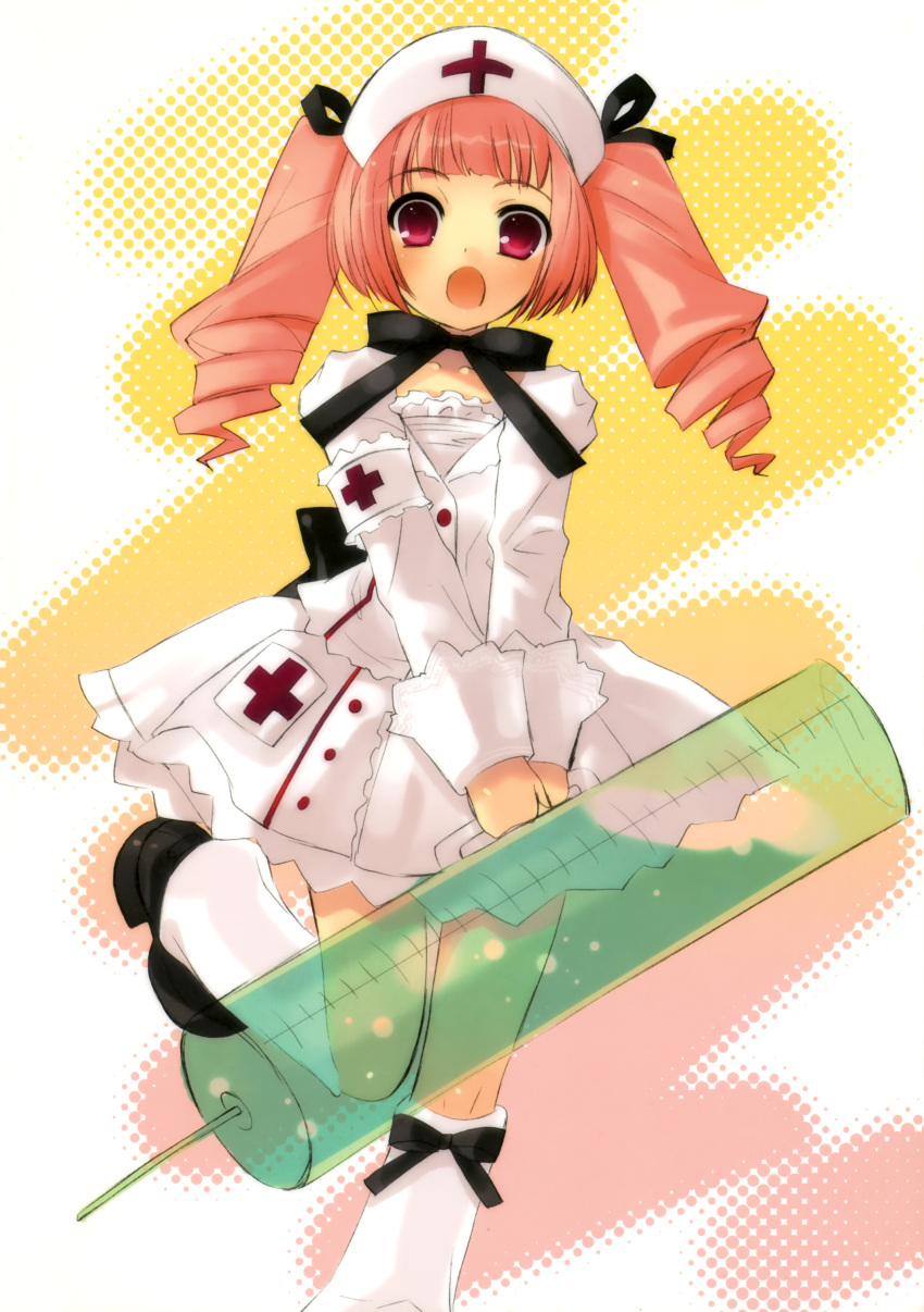 absurdres bow cross highres itou_noiji large_syringe long_hair long_sleeves nurse oversized_object peace@pieces red_eyes skirt solo syringe twintails