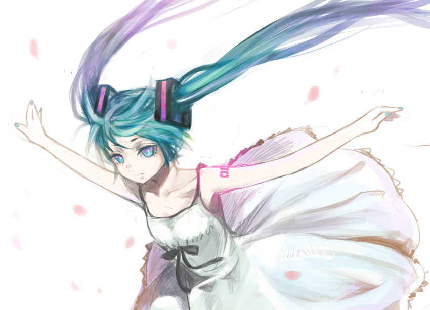 aqua_eyes aqua_hair bad_id dress fkey hatsune_miku long_hair outstretched_arms simple_background solo spread_arms twintails very_long_hair vocaloid zengxianxin