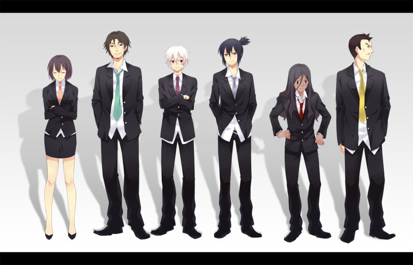 androgynous brown_hair crossed_arms facial_hair formal ghost_in_the_shell ghost_in_the_shell_lineup inukashi letterboxed lineup long_hair necktie nezumi_(no.6) no.6 parody ponytail reverse_trap rikiga safu shion_(no.6) short_hair short_ponytail sion_(no.6) skirt stubble suit tian_daoling tomboy youming