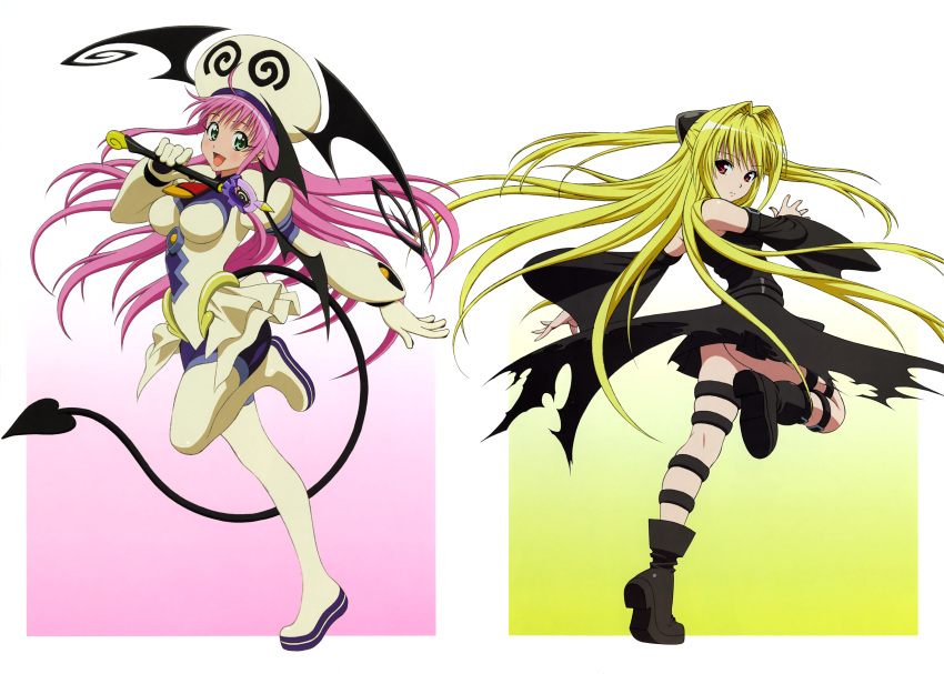 absurdres blonde_hair blush boots detached_sleeves gloves green_eyes hair_ornament hat highres konjiki_no_yami lala_satalin_deviluke long_hair multiple_girls official_art open_mouth peke pink_hair red_eyes scan smile tail thigh_boots thigh_strap thighhighs to_love-ru torn_clothes wand