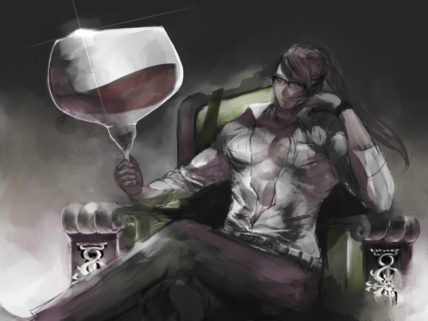 crossed_legs cup glass glasses homex kamui_gakupo legs_crossed male oversized_object sitting slouch solo throne vocaloid what_is_a_man? wine wine_glass