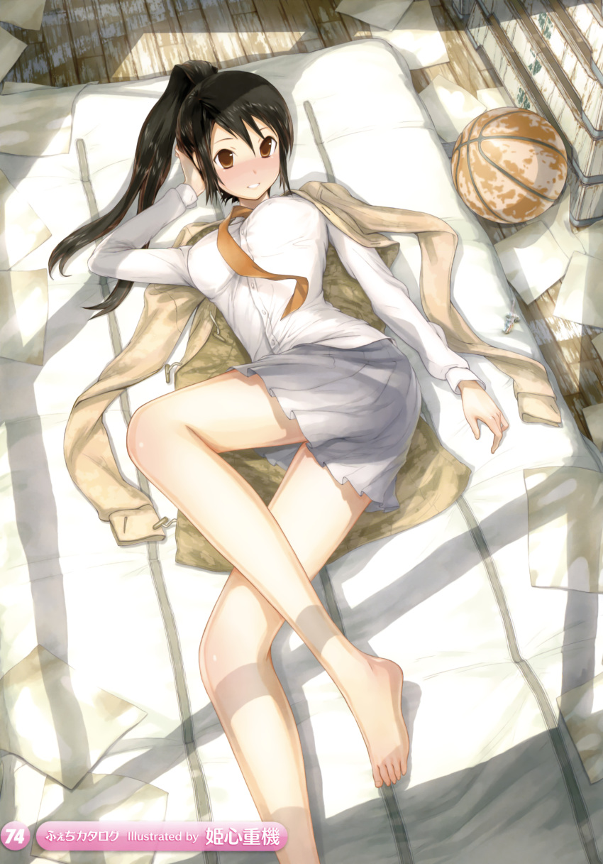 :d absurdres barefoot basketball black_hair blush breasts brown_eyes brown_hair coat copyright_request dress_shirt highres long_hair lying mattress necktie open_mouth ponytail princess_spirit school_uniform shirt skirt smile solo