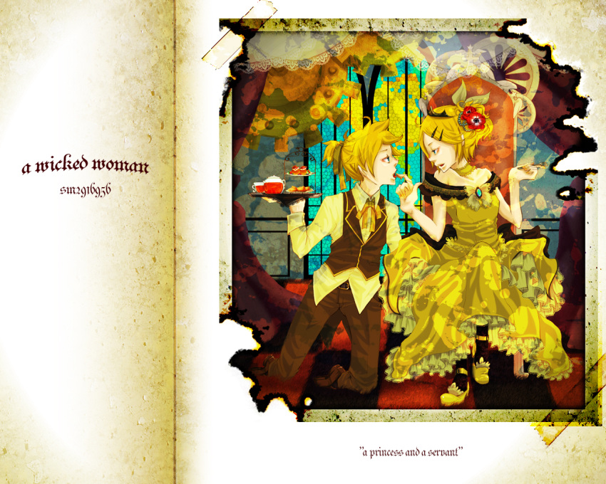 aku_no_musume_(vocaloid) bare_shoulders blonde_hair chair checkered_floor dress formal frills gear hairpin kagamine_len kagamine_rin kneeling ponytail vocaloid waistcoat waiter