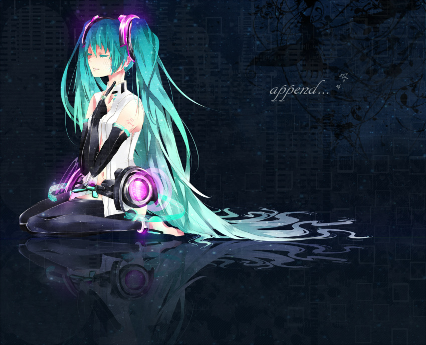 absurdres aqua_hair barefoot bridal_gauntlets closed_eyes elbow_gloves eyes_closed gloves hatsune_miku hatsune_miku_(append) highres jap_(pu_san_love) long_hair miku_append navel necktie reflection sitting solo thigh-highs thighhighs twintails very_long_hair vocaloid vocaloid_append