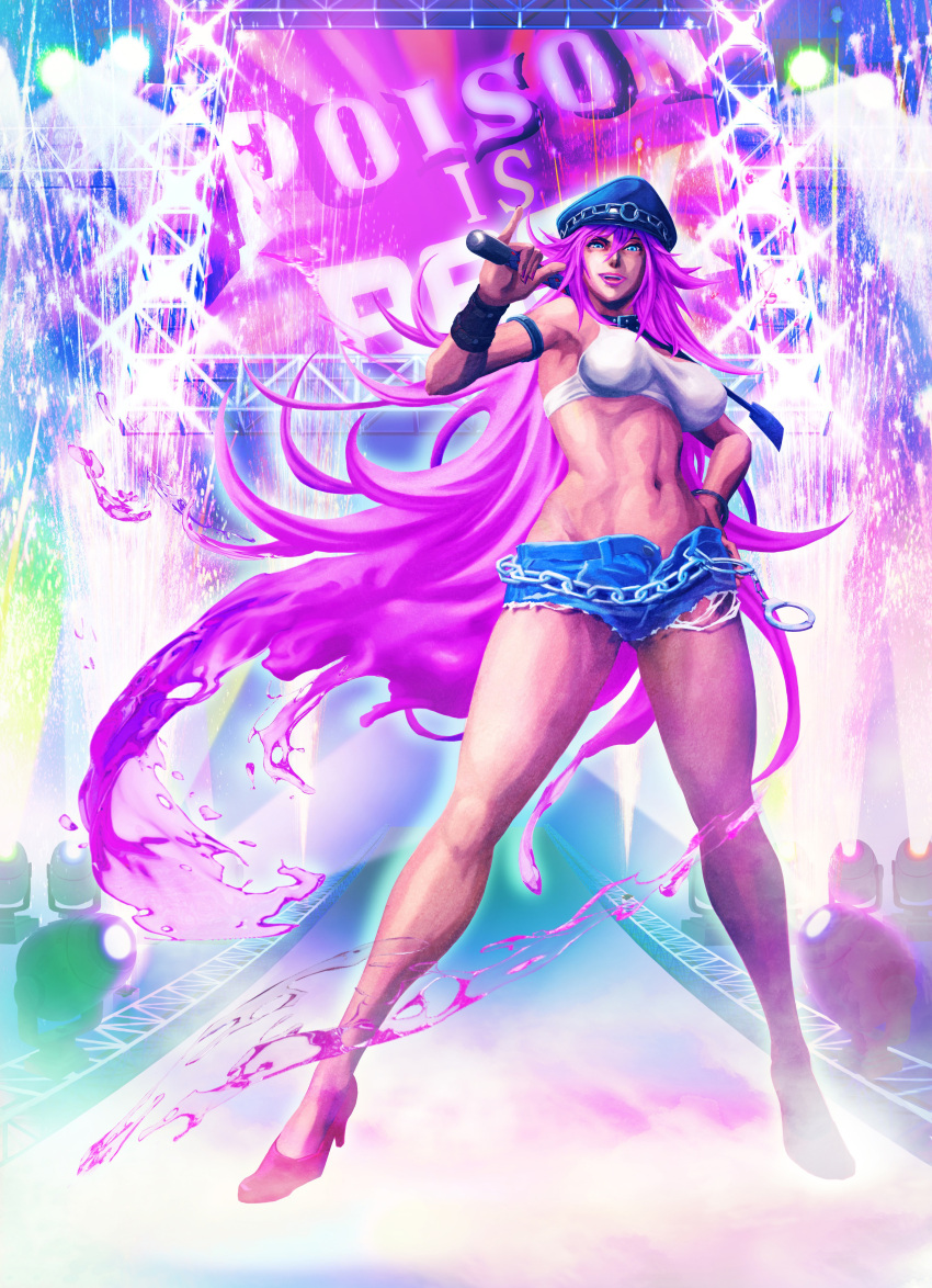 armpit blue_eyes capcom choker cuffs denim denim_shorts final_fight handcuffs hat high_heels lips long_hair midriff peaked_cap pink_hair poison_(final_fight) shoes shorts street_fighter street_fighter_x_tekken tank_top