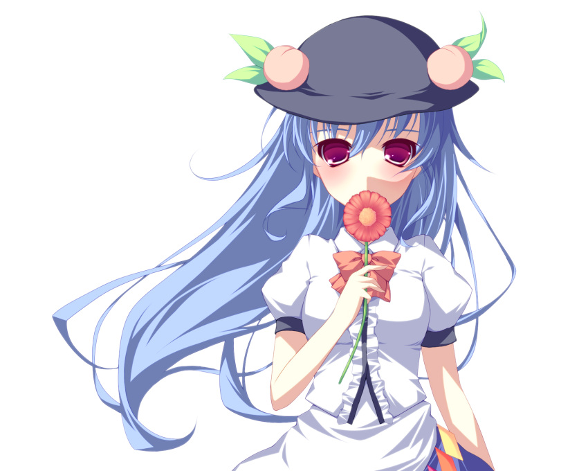 blue_hair blush bow bust covering covering_face covering_mouth dress_shirt floating_hair flower food fruit hat highres hinanawi_tenshi holding holding_flower kabata_(mechisan) long_hair peach purple_eyes shirt short_sleeves simple_background solo touhou violet_eyes