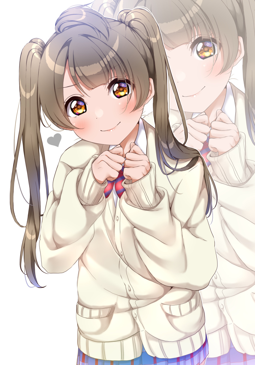 1girl alternate_hairstyle beige_cardigan blue_skirt blush brown_eyes cardigan clenched_hands closed_mouth dress_shirt highres long_hair looking_at_viewer love_live! love_live!_school_idol_project minami_kotori miniskirt nail_polish otonokizaka_school_uniform panda_copt plaid plaid_skirt pleated_skirt school_uniform shirt skirt smile solo star_(symbol) star_in_eye symbol_in_eye twintails v-shaped_eyebrows w_arms white_shirt yellow_eyes