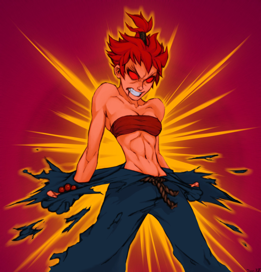 1girl abs bare_shoulders bared_teeth blood_from_mouth bracelet breasts cleavage commentary dark_persona dougi freideugoi jewelry kasugano_sakura navel no_pupils red_eyes redhead rope sarashi short_hair small_breasts solo street_fighter street_fighter_zero tan tearing_clothes toned topknot torn_clothes