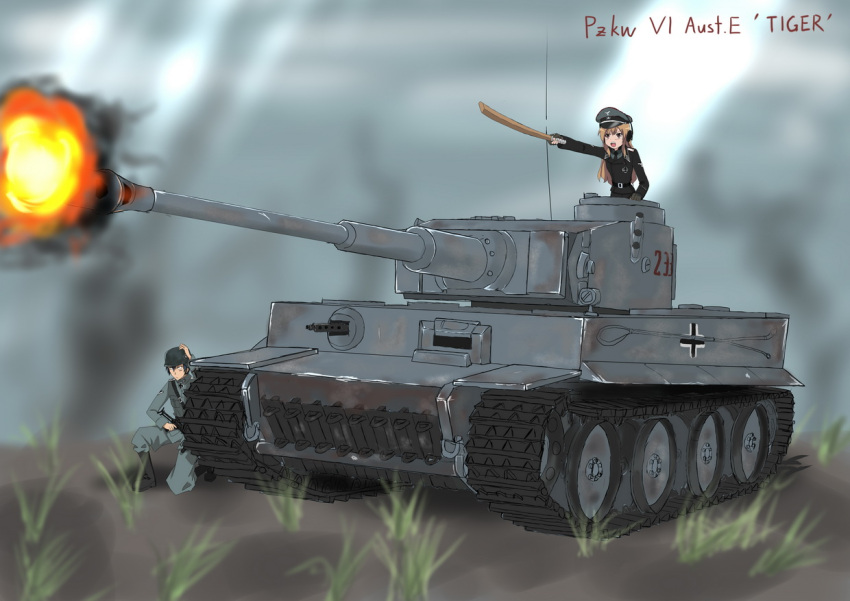 bokken caterpillar_tracks faintxp firing gun headphones iron_cross military military_uniform military_vehicle mp40 muzzle_flash namesake pun soldier submachine_gun sword takasu_ryuuji tank tiger_(tank) toradora! uniform vehicle weapon wehrmacht wooden_sword world_war_ii wwii