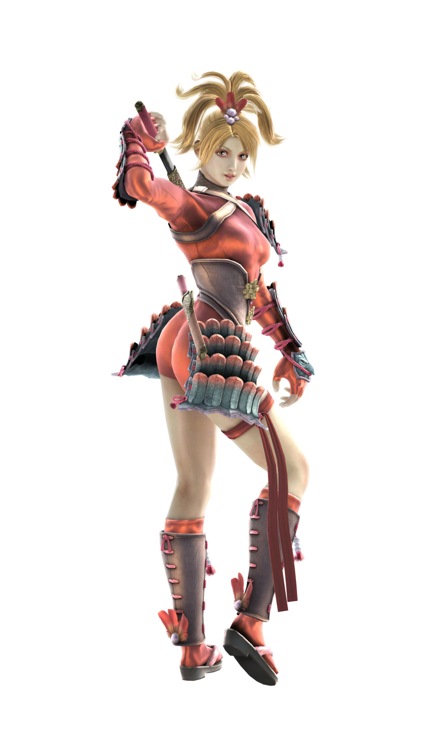 1girl 3d absurdres armor ass blonde_hair bodysuit brown_eyes cg dual_wielding eyeshadow female full_body hair_ornament hair_up hairpin high_ponytail highres kneehighs looking_at_viewer makeup namco natsu_(soul_calibur) ninja official_art parted_lips ponytail ribbon sandals short_sword simple_background solo soul_calibur soul_calibur_v standing sword thigh_ribbon weapon white_background