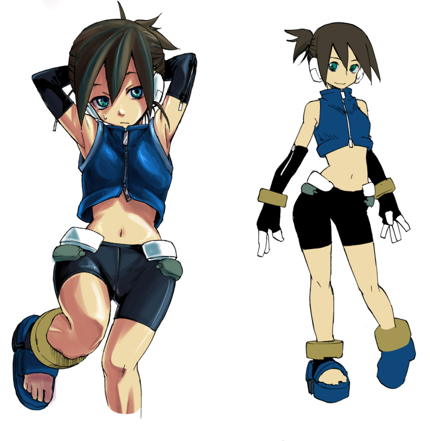 bare_shoulders bike_shorts black_hair bracelet character_request elbow_gloves fingerless_gloves flat_chest gloves highres jewelry koto_(coto) midriff navel rockman rockman_zx simple_background smile sweatdrop