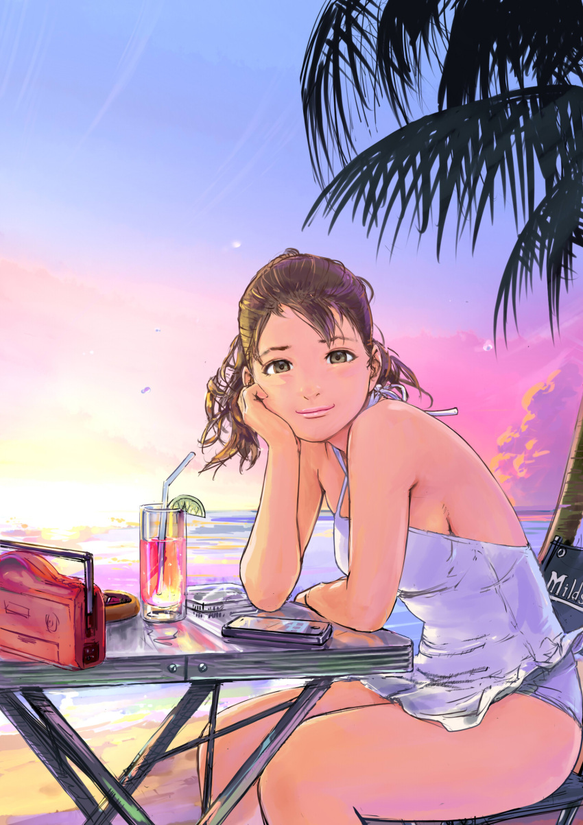 brown_eyes brown_hair carina_(xiaowoo) casual_one-piece_swimsuit cellphone chin_rest drink highres one-piece_swimsuit original palm_tree phone radio sitting smile solo straw swimsuit tree