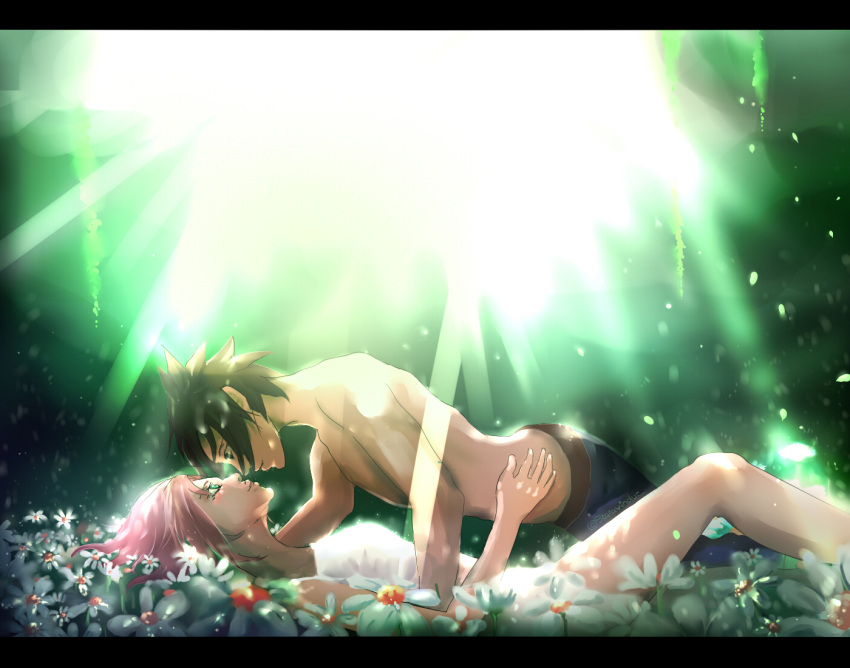 brown_hair couple dress duo flower green_eyes haruno_sakura naruto night pants pink_hair short_hair spiky_hair uchiha_sasuke