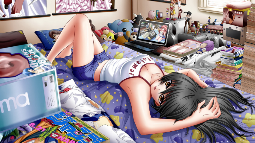 1girl armpits bare_legs bare_shoulders barefoot bed black_hair blonde_hair book breasts cleavage clothes_writing clothing_writing computer crossover denim denim_shorts female figure hatake_kakashi hatake_kakashi_(cameo) highres ilolamai laptop long_hair looking_at_viewer lying magazine manga manga_(object) midriff nagato_yuki nagato_yuki_(cameo) naruto no_bra on_back open_fly open_mouth open_shorts original otaku pillow poster_(object) queen's_blade room shiny shiny_skin shorts smile solo speaker stuffed_animal stuffed_toy suzumiya_haruhi_no_yuuutsu tagme_(artist) tank_top taut_shirt teddy unbuttoned unzipped uzumaki_naruto uzumaki_naruto_(cameo) wallpaper yellow_eyes