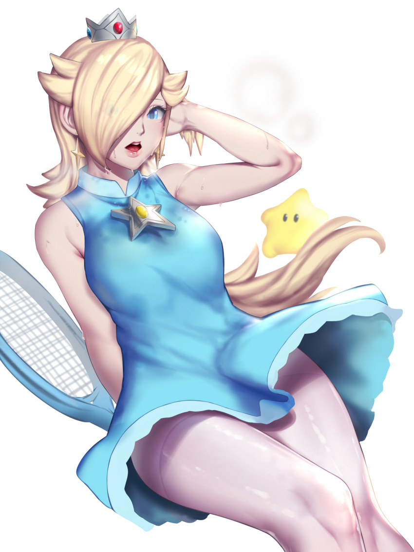 1girl arm_up bare_arms bare_shoulders blonde_hair blue_dress blue_eyes breasts chiko_(mario) crown dress earrings hair_over_one_eye heavy_breathing highres jewelry kumiko_shiba lips looking_at_viewer super_mario_bros. mario_tennis medium_breasts mini_crown open_mouth pantyhose racket rosetta_(mario) simple_background sleeveless sleeveless_dress solo stained_clothes star star_earrings super_mario super_mario_galaxy sweat tennis_racket tired white_background white_legwear