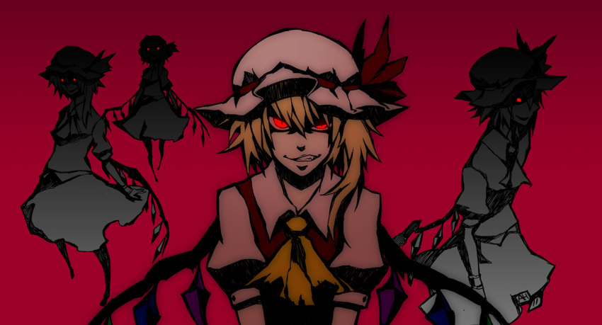 arlmuffin blonde_hair clone dark_persona dual_persona flandre_scarlet foreshortening four_of_a_kind_(touhou) glowing glowing_eyes hat multiple_girls red_eyes short_hair side_ponytail simple_background smirk spell_card touhou wings