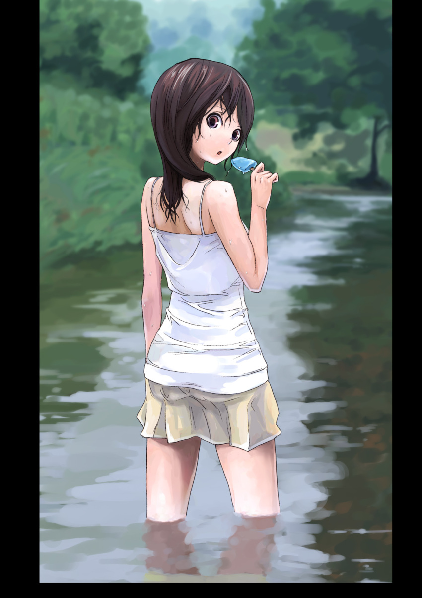 brown_hair casual highres looking_back original popsicle skirt solo tank_top tanuki91 tree water wet wet_clothes